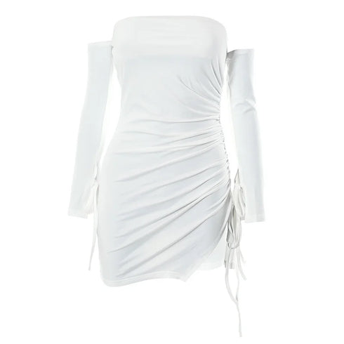 Sexy Off Shoulder Long Sleeve Pleated Tight Fit Dress for Women Party Club Evening